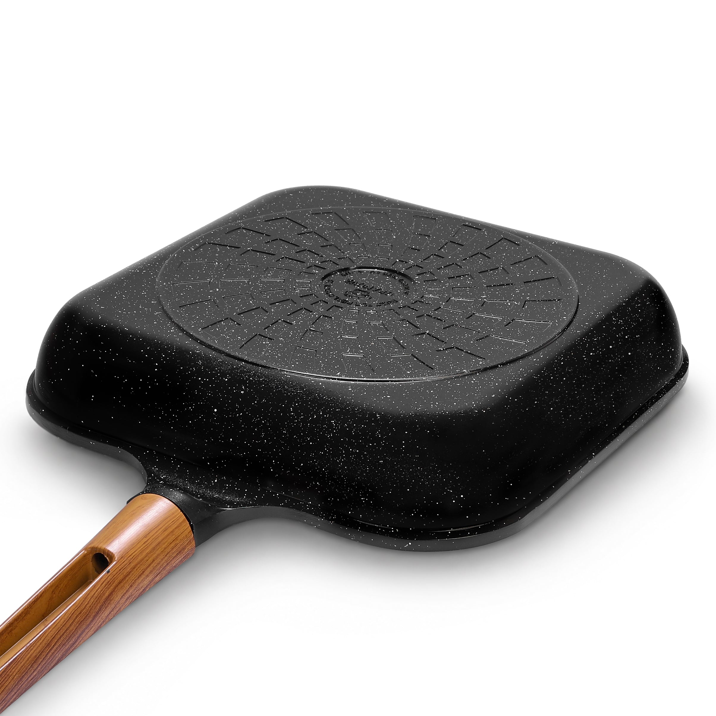 Granova black grill pan 28 cm showing the square shape and wood-look handle