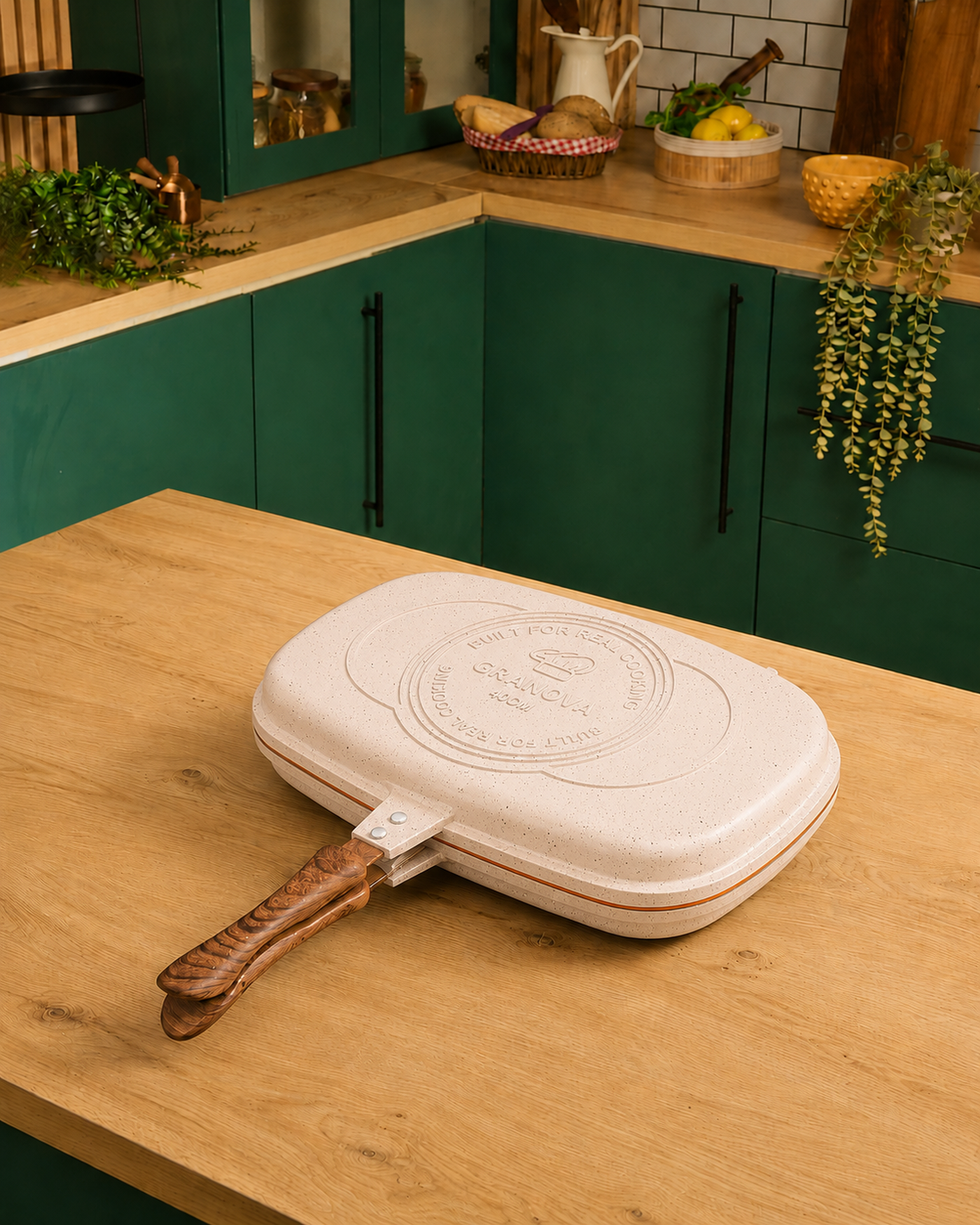 Granova cream Double Grill 40 cm open with grilled food in a modern kitchen