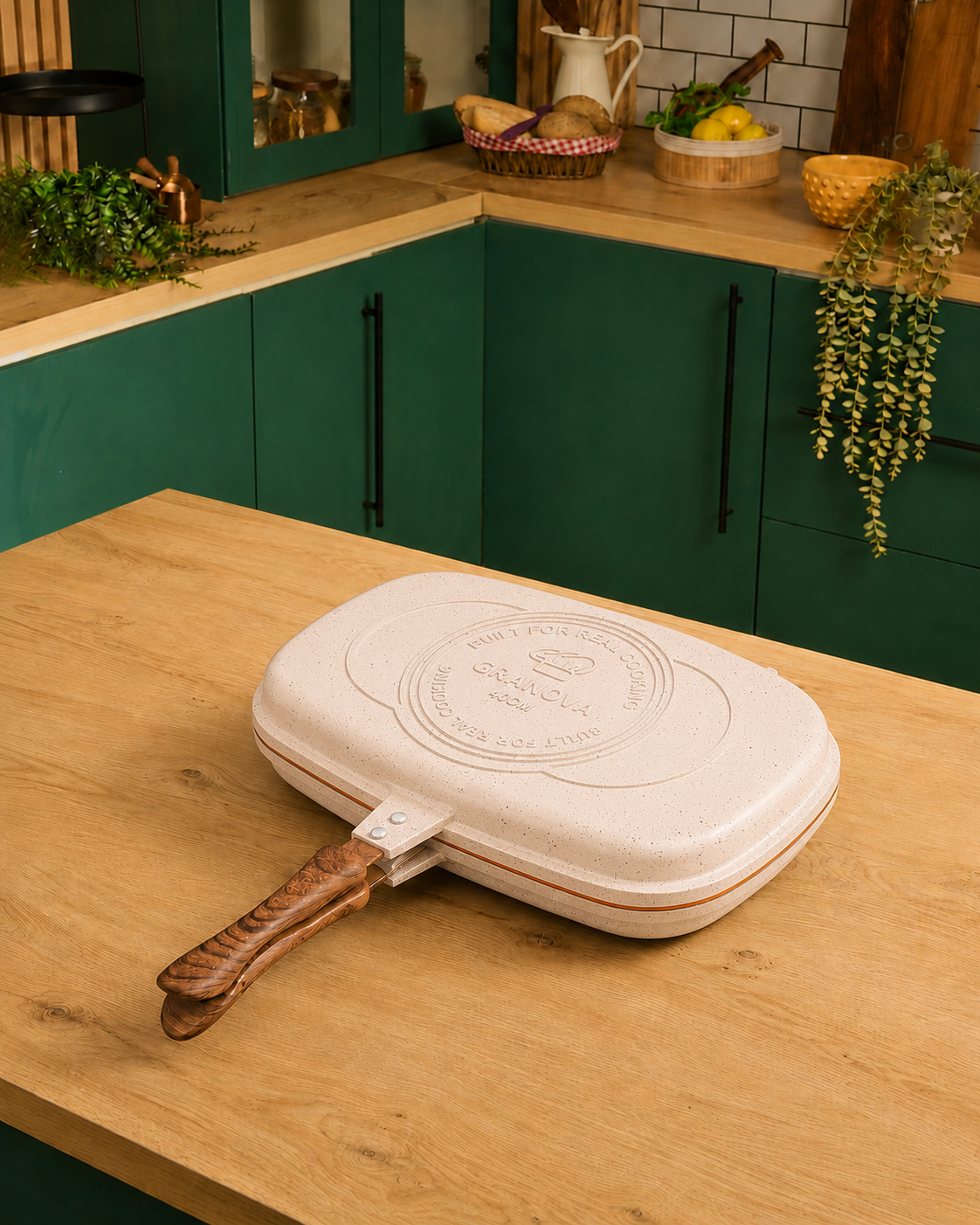 Granova cream Double Grill 40 cm open with grilled food in a modern kitchen