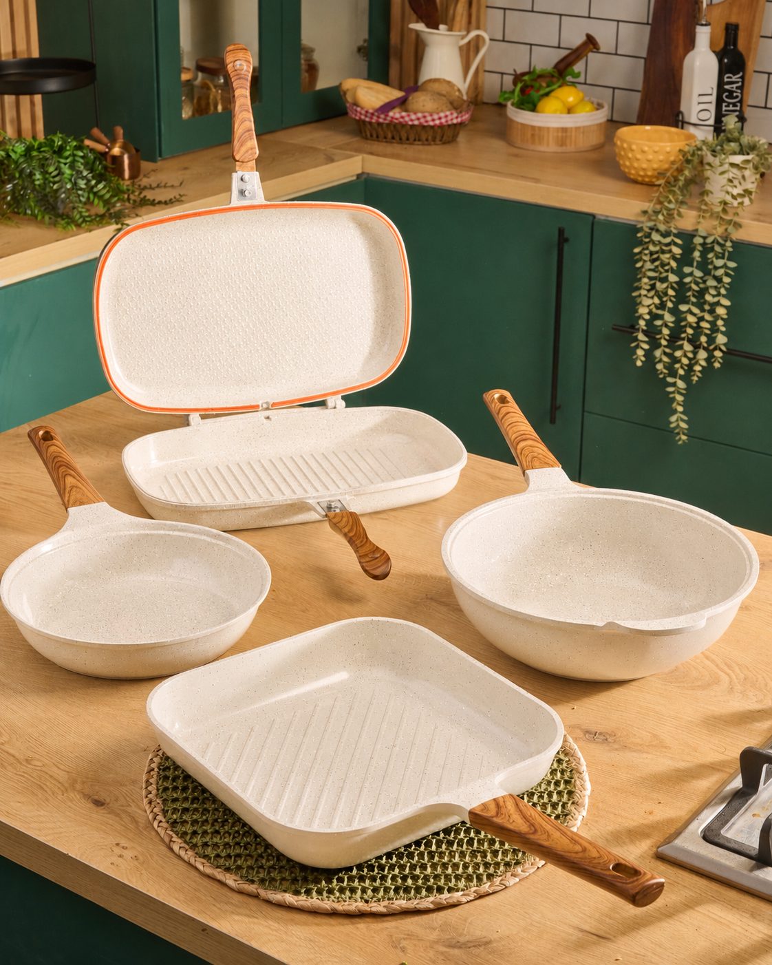 Granova Master Set in cream with Double Grill 40 cm, Grill Pan 28 cm, Frying Pan 24 cm and Wok 28 cm displayed together