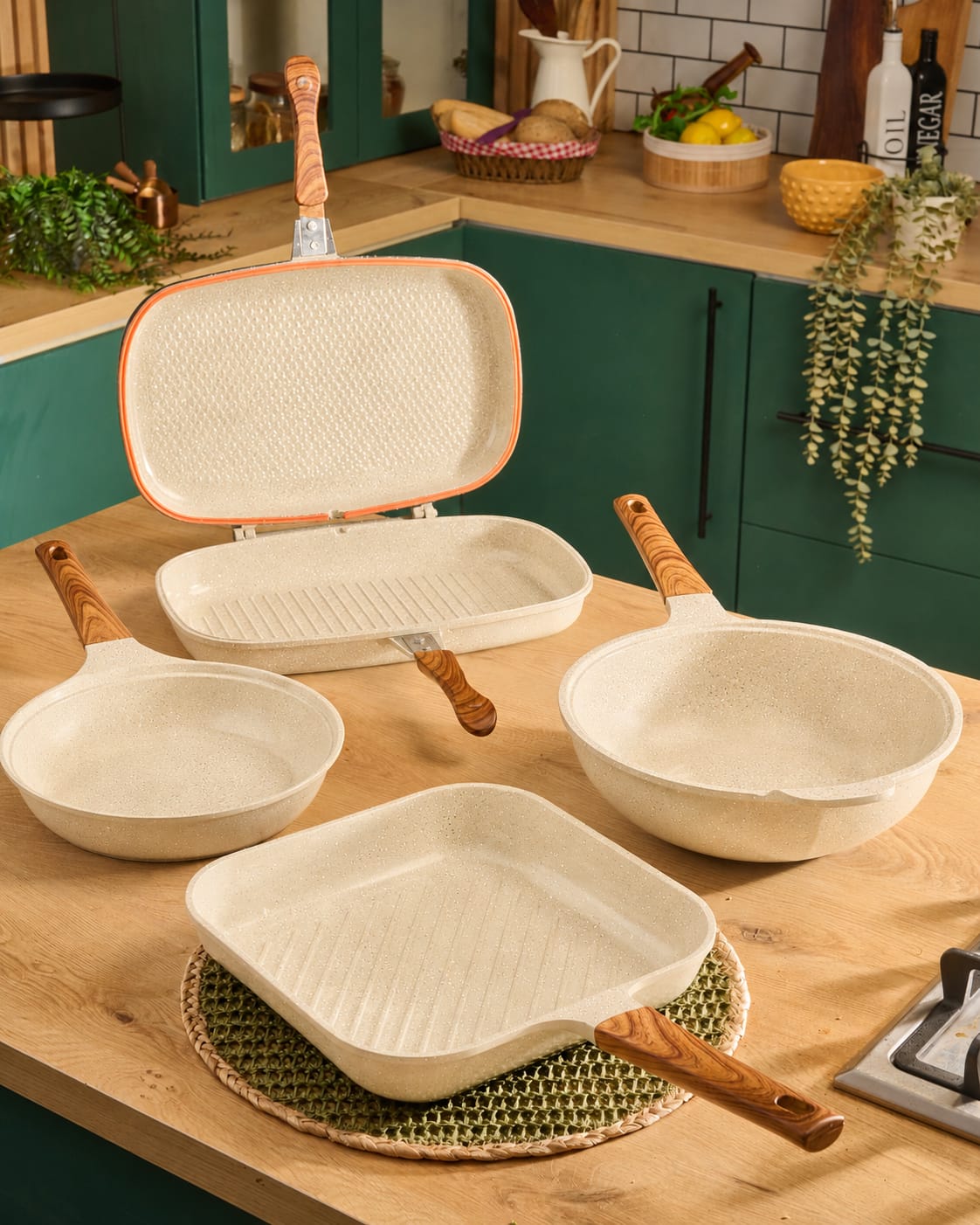 Granova cream Master Cookware Set arranged for everyday family cooking